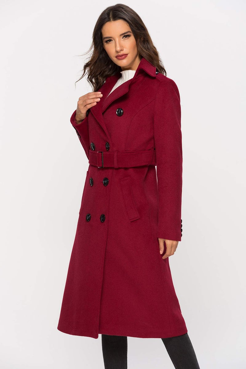 Escalier Womens Wool Coat Double Breasted Pea Coat Winter Long Trench Coat with Belt Wine Red XL - Image 4